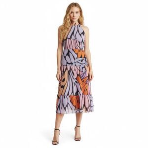 Sam Edelman Butterfly High Neck Midi Dress 6 NWT Lavender Orange Tiered Boho